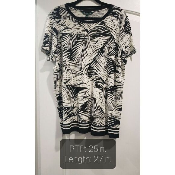 Lauren‎ By Ralph Lauren Womens Linen Blend Black And White Tee Size 1X - Picture 1 of 6